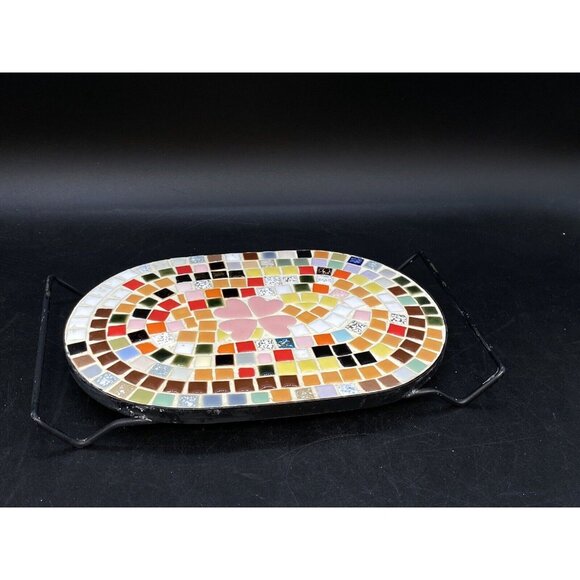 Mid Century Mosaic Tile Oval Trivet Multicolor Pink Hearts Black Metal Handles - Picture 13 of 14